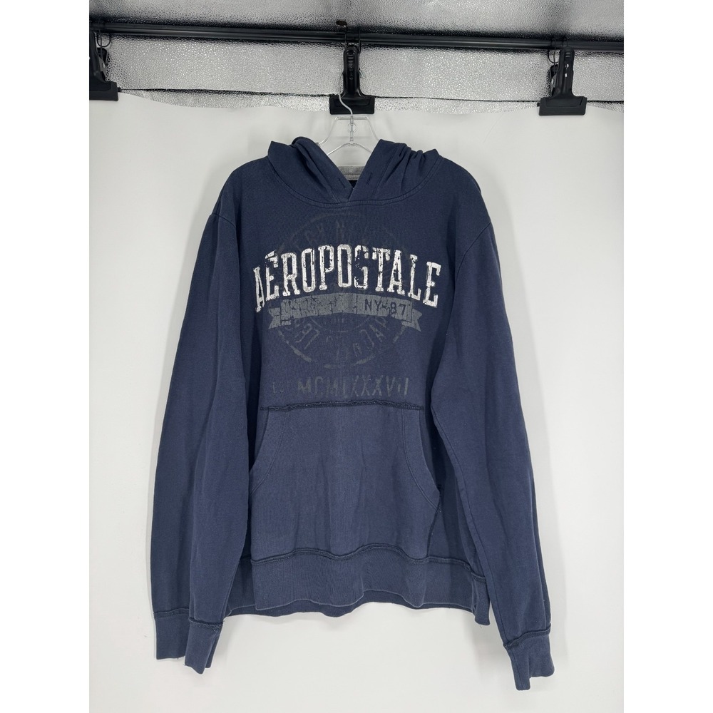 Vintage Y2K Aeropostale Graphic Hoodie Mens 2XL Navy Blue Spell‎ Out Sweatshirt
